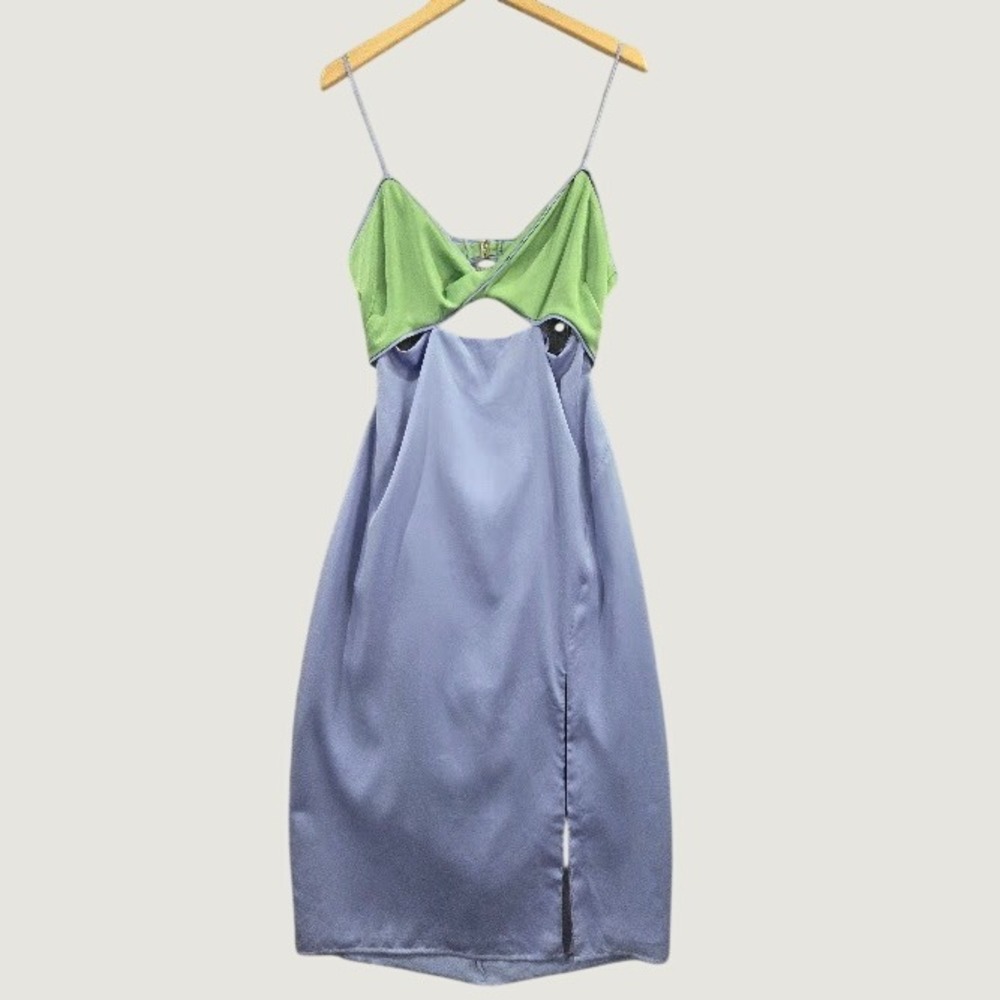Lulus Perfect Pairing Colorblock Satin Cutout Midi Dress XL Lavender Green Slit